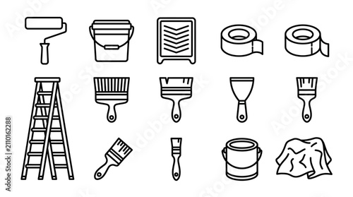 Painting Tools Collection: Roller, Brushes, Ladder, Tape, Bucket, Scraper, Cloth