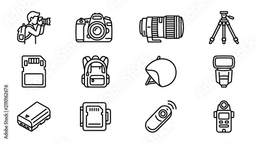 Принти на полотні Photography Icons: Camera, Lens, Tripod, Memory Card, Backpack, Flash, Remote