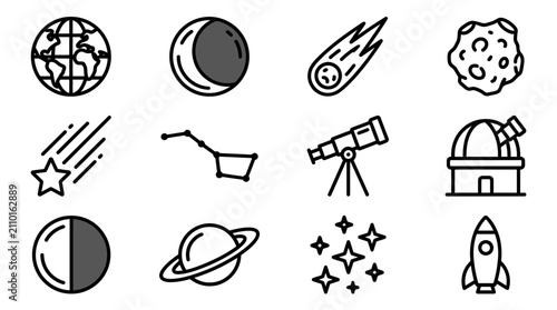 фотографія Cosmic Icons: Earth, Moon Phases, Comet, Asteroid, Rocket, Stars, Telescope