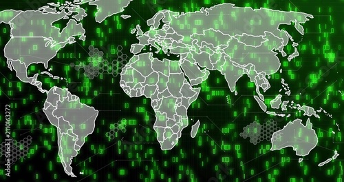 Pulsing neon-green blocks revealing world map, drawing borders, forming hexes showing data network