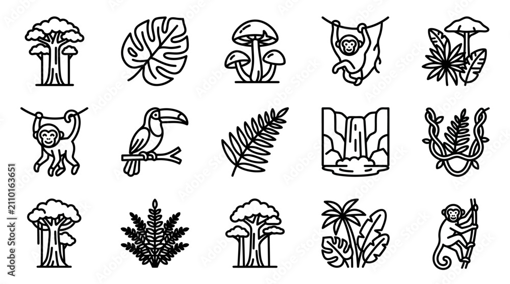 Obraz premium Jungle Icons: Monkey, Toucan, Waterfall, Plants, Mushrooms, Trees