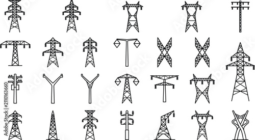 Quadro su tela Large set of various electrical power transmission tower and line electricity py