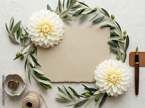 White Dahlias and Olive Branches Around Blank Card with Pen and Seal white flowers olives