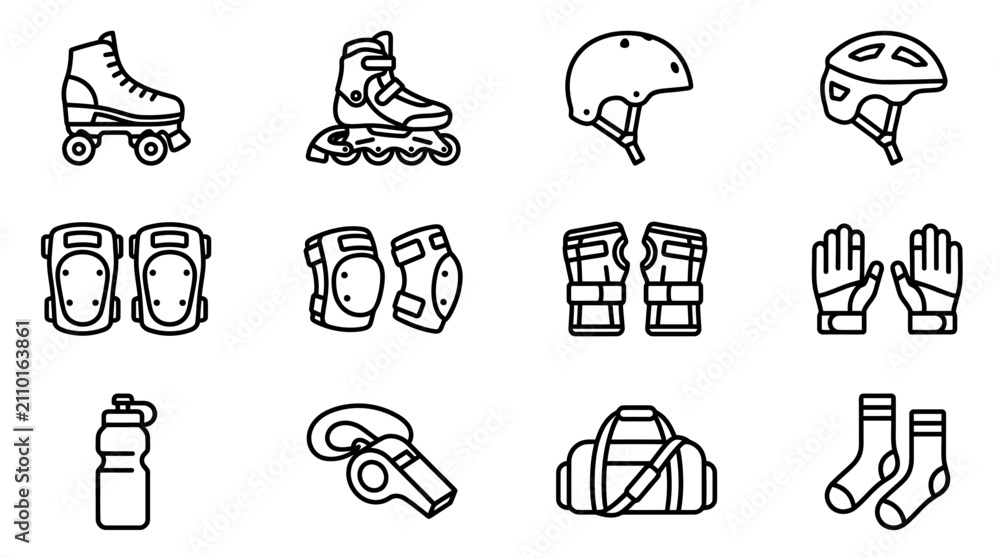 Fototapeta premium Inline Skating and Roller Skating Equipment Icons: Safety Gear, Boots, Water Bottle, Whistle, Bag, Socks