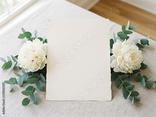 White paper with white peonies and eucalyptus branches on linen tablecloth greenery