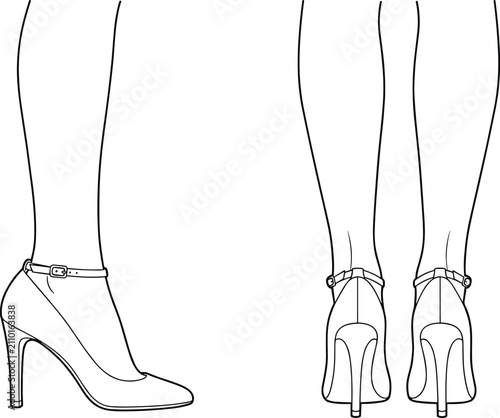 Cuadro en lienzo Line of female legs wearing heel shoes with ankle strap buckles woman heels foot