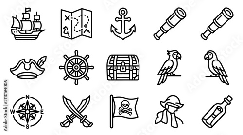 Pirate Icons Set: Ship, Treasure Map, Anchor, Spyglass, Chest, Parrot, Compass
