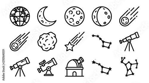 Bild auf Leinwand Astronomy Icons: Earth, Moon Phases, Comets, Constellations, Telescopes, Observa
