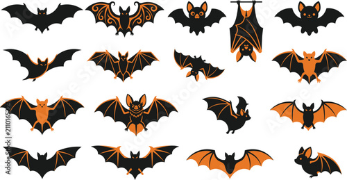 Collection of halloween bats and pumpkin orange themed decorative elements for festive holiday party design projects