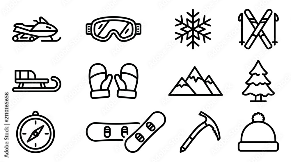 Fototapeta premium Winter Sports Icons: Snowmobile, Goggles, Snowflake, Skis, Sled, Mittens, Mountains, Tree, Compass, Snowboard, Ice Axe, Beanie