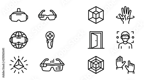 Virtual Reality Icons: VR headset, augmented reality glasses, 3D cube, hand gestures, controller, metaverse