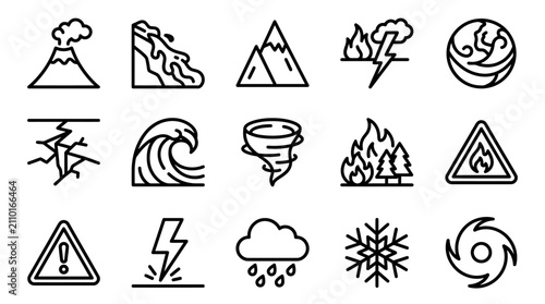 Foto Collection of Natural Disaster Icons: Volcano, Earthquake, Flood, Fire, Storms,
