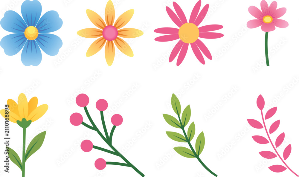 Fototapeta premium Colorful Spring Floral Elements Set Vector Flower Icons Branches Leaves Isolated On White Background