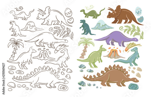 Hand drawn cute dinosaurs collection. Prehistoric animal characters set with t-rex and triceratops sketch. Seamless pattern background with cartoon jurassic reptile illustration isolated.