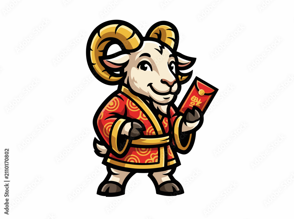 Naklejka premium Festive goat holding a red envelope. Traditional Hanfu robe and golden horns illustration. Chinese New Year 2027 vector character