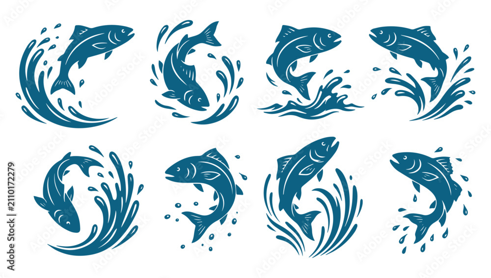 Fototapeta premium Set of blue jumping salmon fish icons with water splashes and waves design