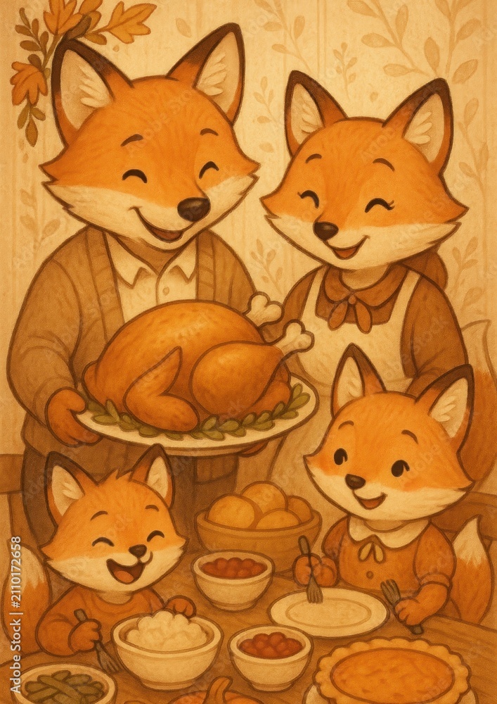Fototapeta premium Fox family enjoying Thanksgiving feast