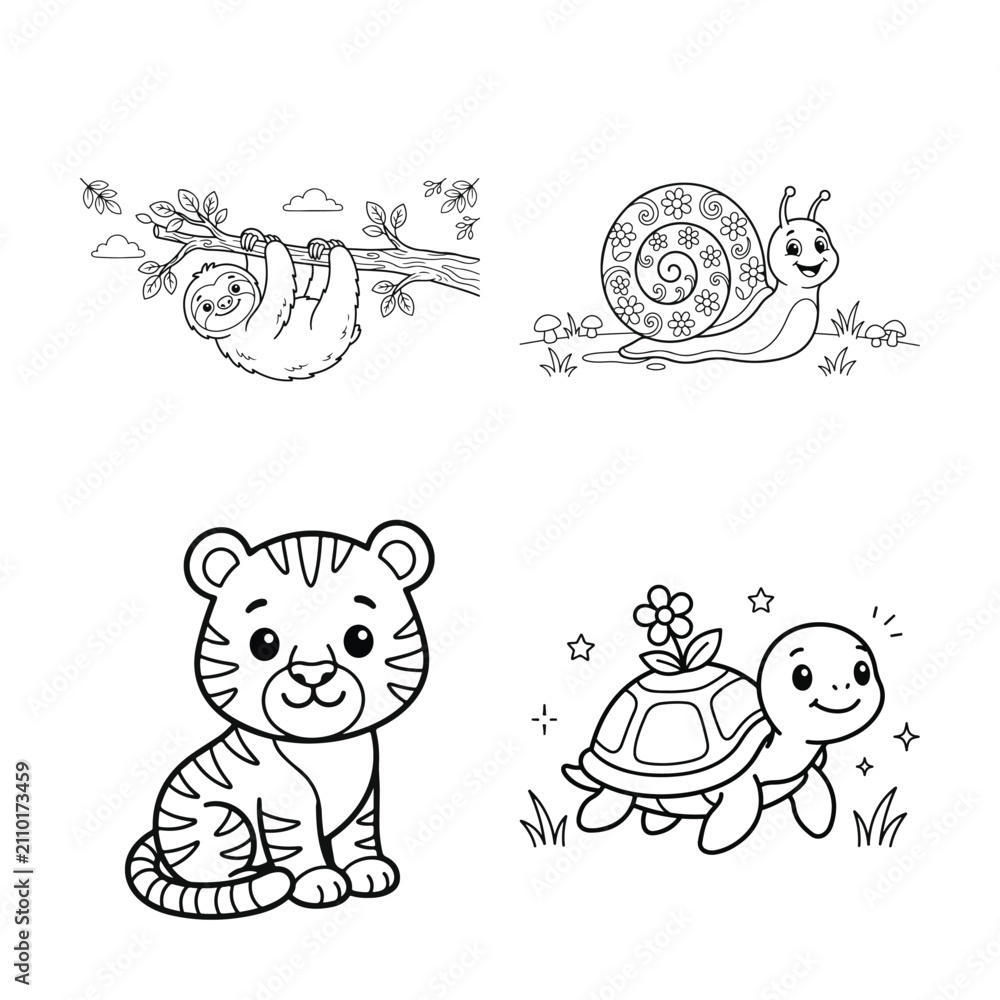 Obraz premium Set of cute black and white hand drawn animal and insect doodles, tiger cub, snail, sloth and turtle isolated on white background