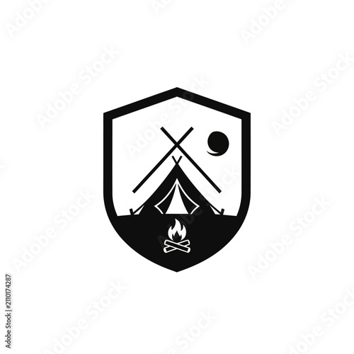 Camping Emblem: Tent, Campfire, Sun, Shield. Outdoor Adventure Logo