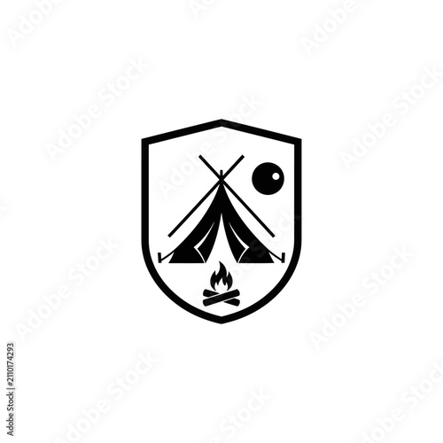 Camping Emblem: Tent, Campfire, Moon/Sun, Shield - Outdoor Adventure Logo