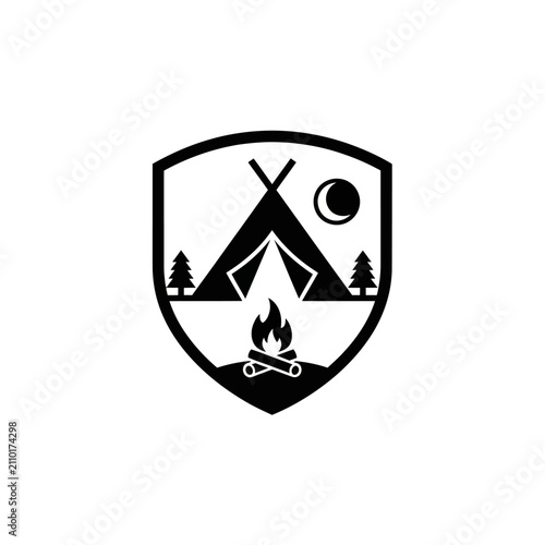 Camping Emblem: Tent, Campfire, Moon, Trees, Shield Logo