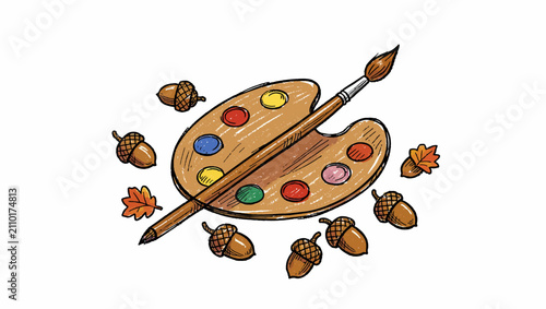 Autumn Artist Palette with Brushes and Acorns.