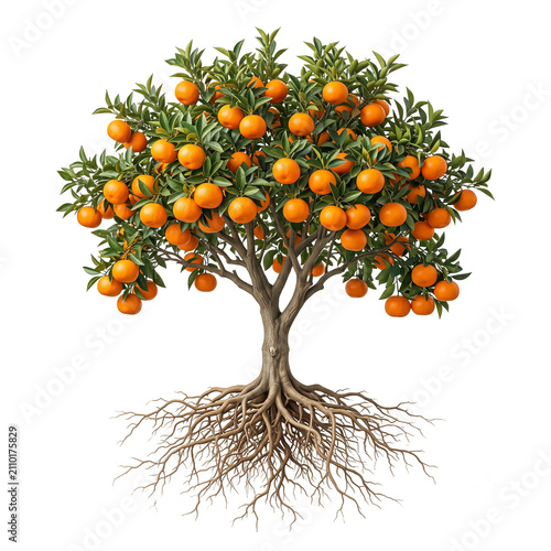 Setoka citrus tree, mature full tree bearing premium bright orange Setoka citrus fruits, exposed visible roots, 1:1 ratio, isolated on seamless pure white background