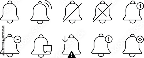 Tableau sur toile Notification bell outline icon set with ringing mute alert message and badge UI
