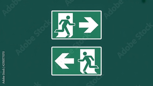 Green emergency exit signs with arrow icons