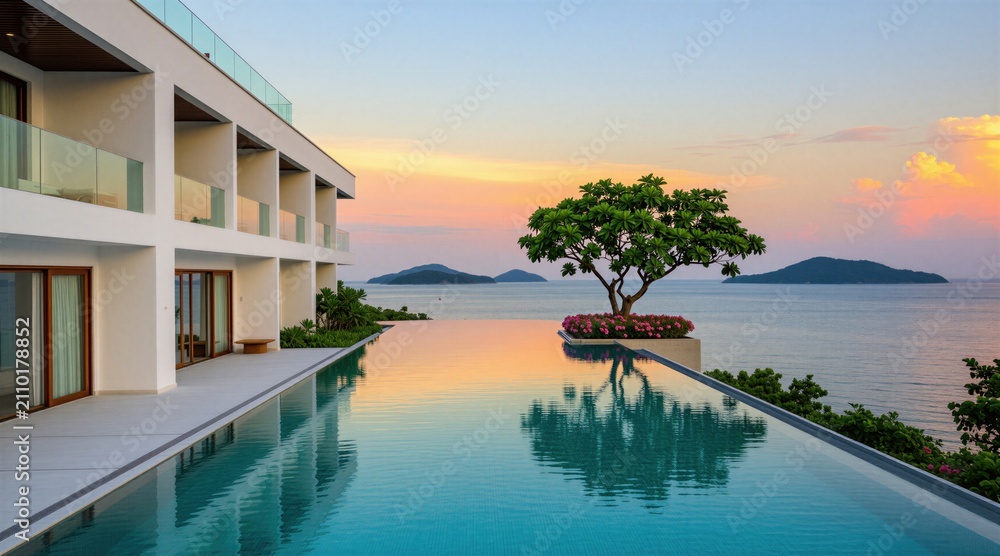 Fototapeta premium Modern hotel building with infinity pool at sunset. Serene ocean view with distant islands and a rich tree. Calm water reflects colorful sky and horizon.
