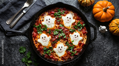 Spooky halloween pizza with ghost shaped mozzarella cheese toppings