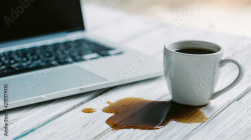 Coffee spilling from a mug next to a laptop on a white wooden desk, showing an accident and liquid damage