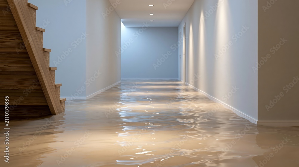 Fototapeta premium Basement hallway experiencing water damage, muddy standing water reflects ceiling lights, jeopardizing home and requiring urgent cleanup