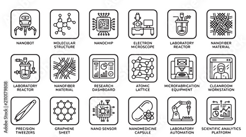Obraz na płótnie Nanotechnology line icon set, 18 science and laboratory vector symbols, nanobot