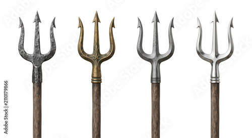 Set of four vintage metal pitchforks isolated