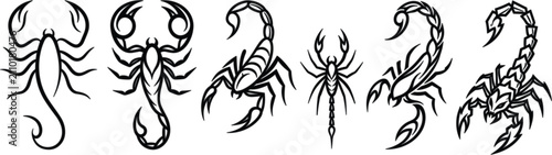 Bild auf Leinwand Black Scorpion Tribal Tattoo Vector Outline Elements Set With Various Dangerous