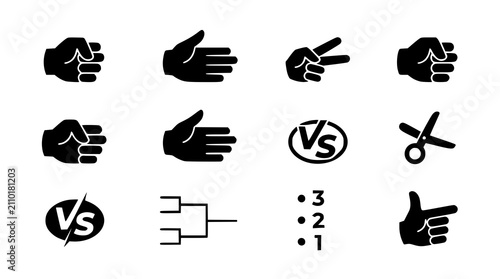 :
Modern Rock Paper Scissors Minimal Hand Icons Black Vector Set for Web and Mobile