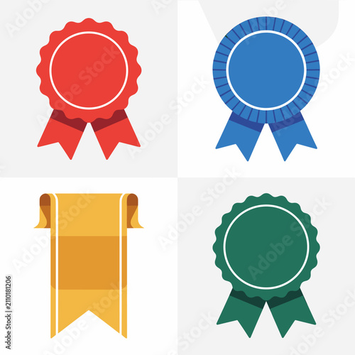 Four decorative circular rosette award ribbons and banner icons for winners and rankings.
