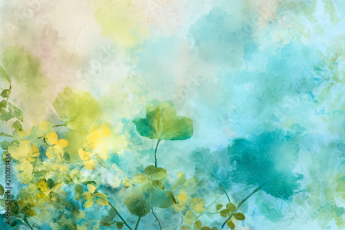 Abstract Botanical Illustration with Green and Blue Leaves