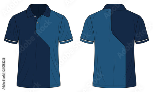 Two Tone Blue Men Polo Shirt Mockup Vector Template Front and Back View
