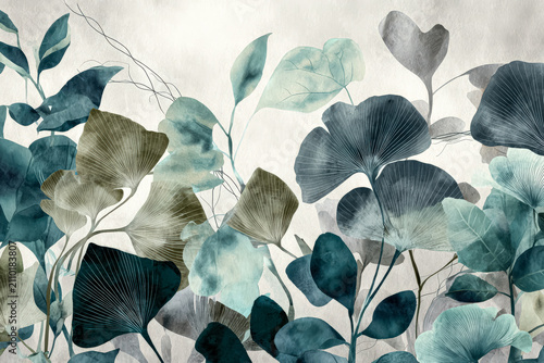 Botanical Watercolor Illustration of Leaves in Blue and Green Tones