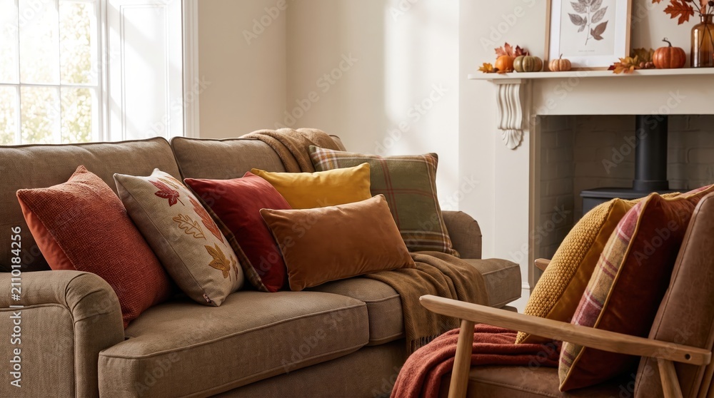 Obraz premium Cozy autumn living room with warm blankets and seasonal decor, comfortable family home interior.