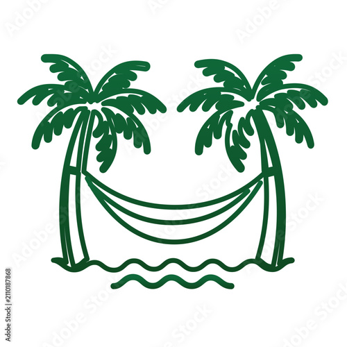 Vector illustration of a minimalist hammock between palm trees line icon representing idyllic beach downtime, suitable for tourism websites, mobile apps, and printed travel collateral.