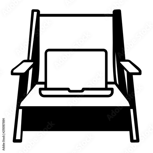 Vector illustration of an open laptop on a beach chair line icon depicting the remote work lifestyle in a relaxed coastal setting, suitable for digital nomad content, travel tech blogs, and modern wor