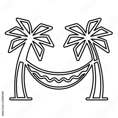 Vector illustration of a hammock suspended between palms line icon capturing the essence of tropical leisure and rest, fitting for beachwear brands, travel apps, and summer event graphics.