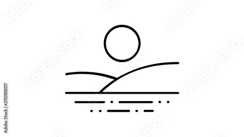 Vector illustration of a sunset sky over water line icon portraying a serene dusk panorama with the sun descending to the ocean horizon, ideal for travel brands, meditation apps, and inspirational lif