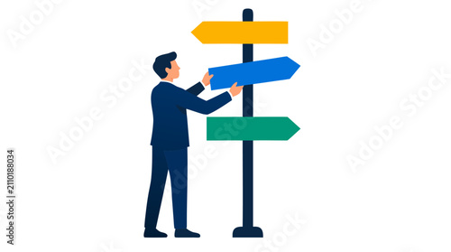 Businessman in a suit adjusting a colorful directional signpost, choosing a new path or strategy, flat vector illustration representing career growth, decision making, leadership and business success.