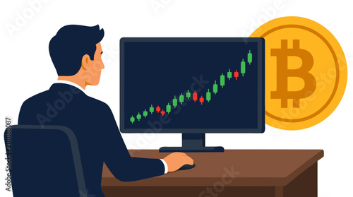 Professional businessman in a blue suit sitting at a desk using a computer mouse to analyze a rising candlestick chart on a monitor with a large golden Bitcoin coin in the background symbolizing