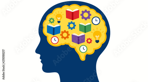Vector illustration of a human head silhouette with a glowing yellow brain containing colorful icons of open books, mechanical gears, lightbulbs, and clocks representing intelligence and creative