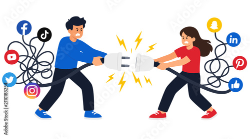 Angry young man and woman pulling apart electrical plugs connected to tangled social media icons, digital disconnection, internet addiction, relationship conflict, mental health, vector illustration.